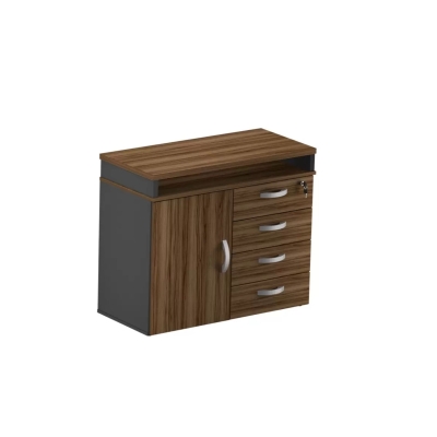 Mesa Auxiliar Pedestal 25MM 4 Gavetas e 1 Porta - Nogal/Preto